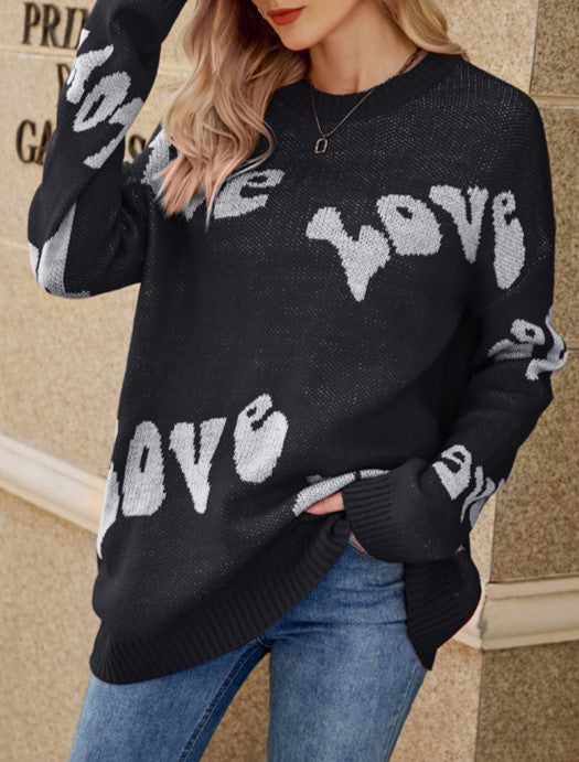 Love Heart Jacquard Oversized Knit Sweater - Black - 1