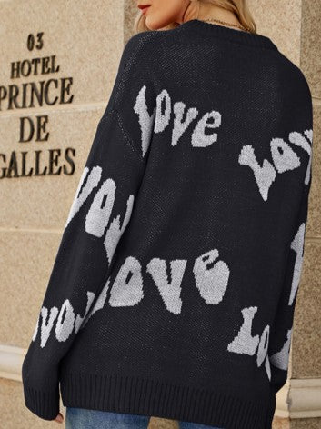 Love Heart Jacquard Oversized Knit Sweater - Black - 2