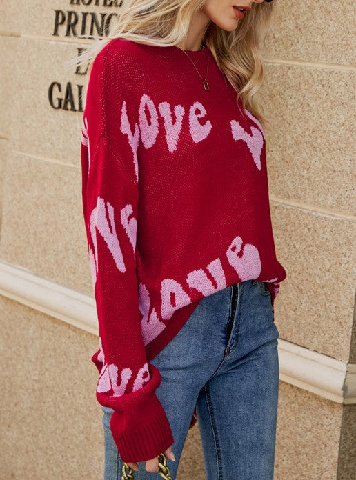 Love Heart Jacquard Oversized Knit Sweater - Red - 1