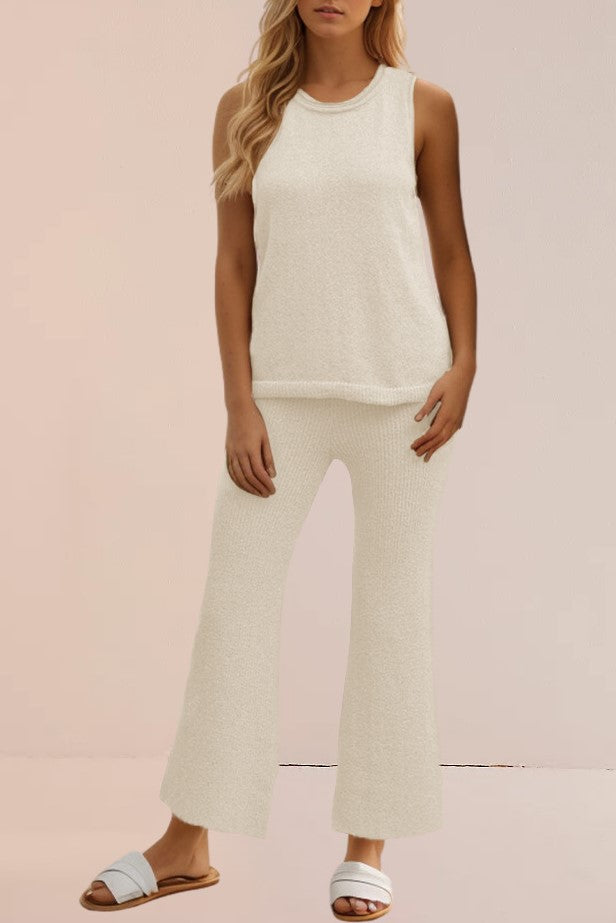 Knit Tank and Bootcut Pant Lounge Set - Beige