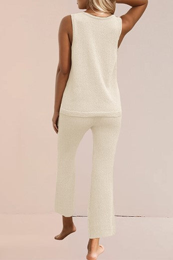 Knit Tank and Bootcut Pant Lounge Set - Beige - 1