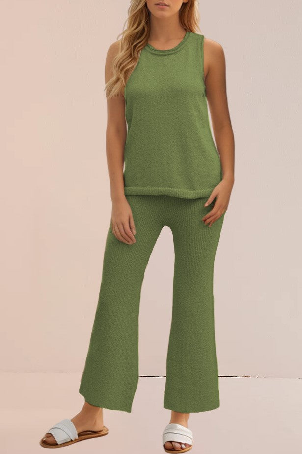 Knit Tank and Bootcut Pant Lounge Set - Green