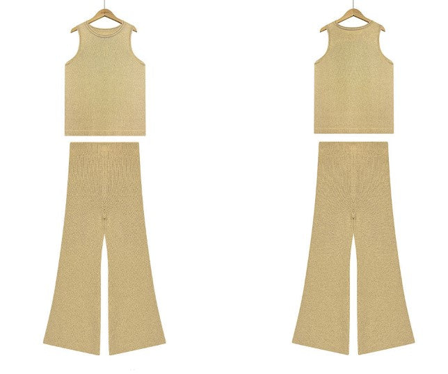 Knit Tank and Bootcut Pant Lounge Set - Khaki - 1
