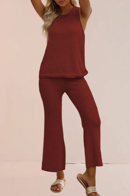 Knit Tank and Bootcut Pant Lounge Set - Red - 1