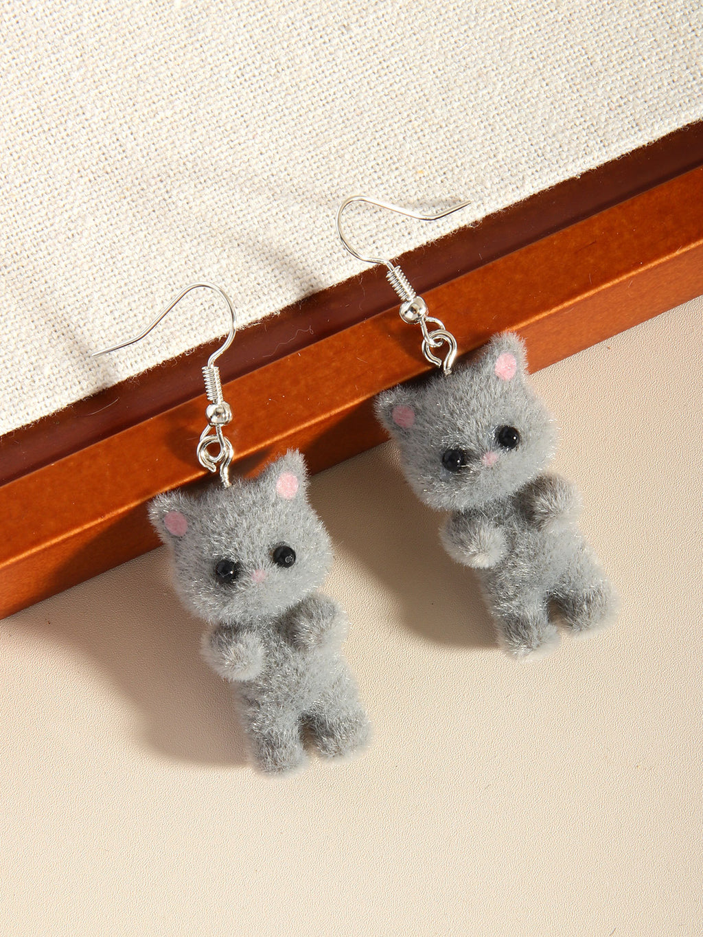 Fuzzy Flocked Cat Charm Dangle Earrings - Grey