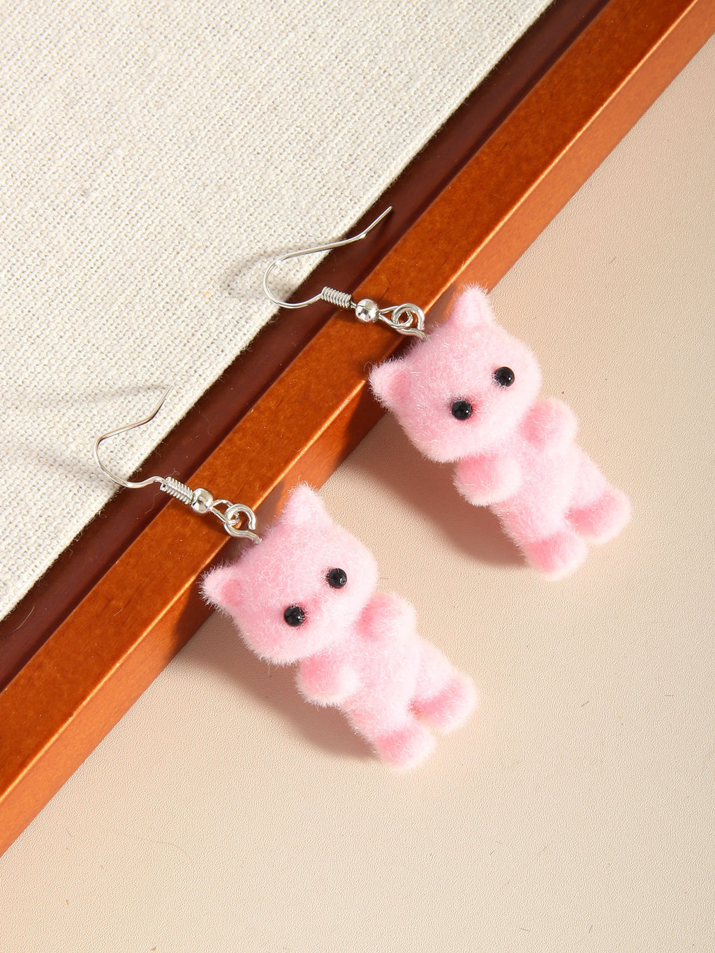 Fuzzy Flocked Cat Charm Dangle Earrings - Pink