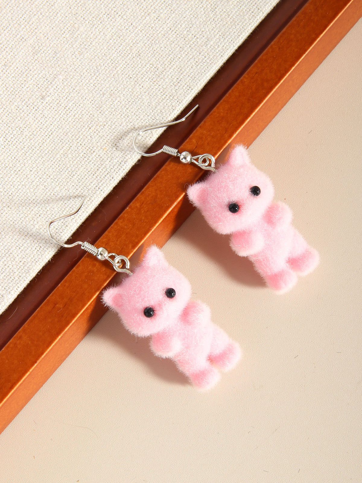 Fuzzy Flocked Cat Charm Dangle Earrings - Pink