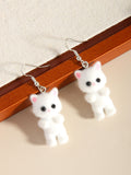 Fuzzy Flocked Cat Charm Dangle Earrings - White