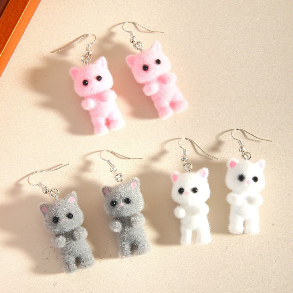 Fuzzy Flocked Cat Charm Dangle Earrings