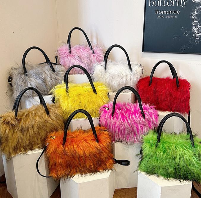 Fluffy Faux Fur Top Handle Bag - Brown