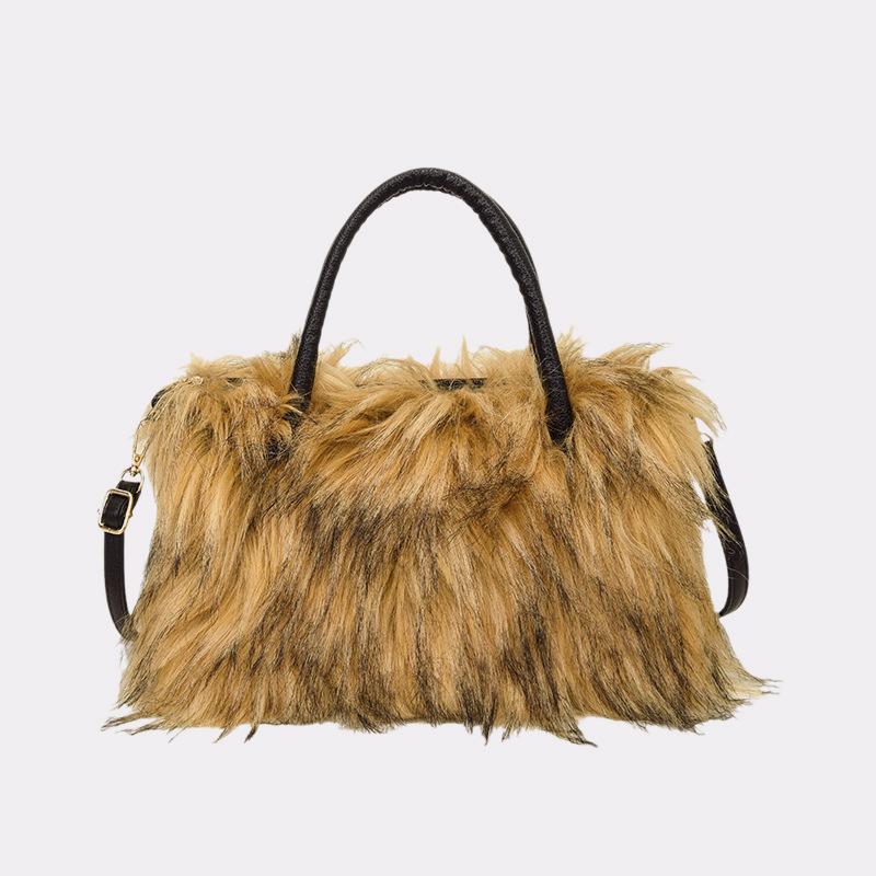 Fluffy Faux Fur Top Handle Bag - Brown - 1