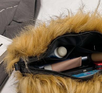 Fluffy Faux Fur Top Handle Bag - Brown - 4