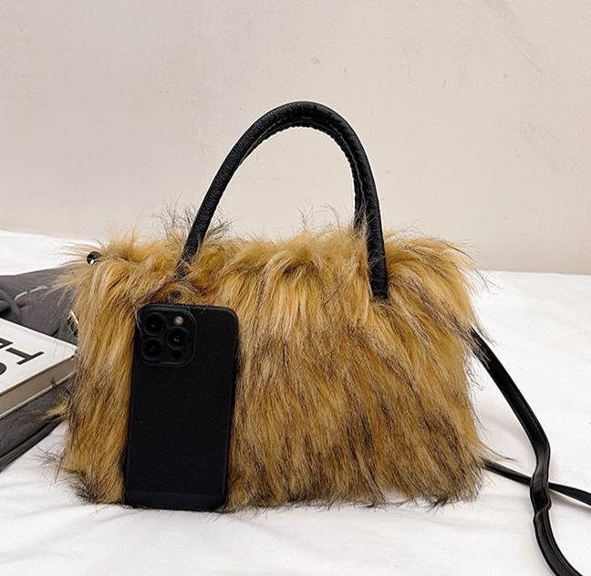 Fluffy Faux Fur Top Handle Bag - Brown - 5