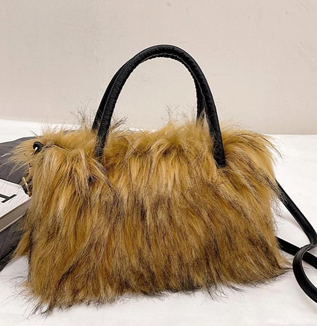 Fluffy Faux Fur Top Handle Bag - Brown - 6