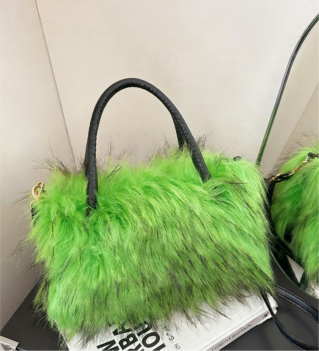 Fluffy Faux Fur Top Handle Bag - Green