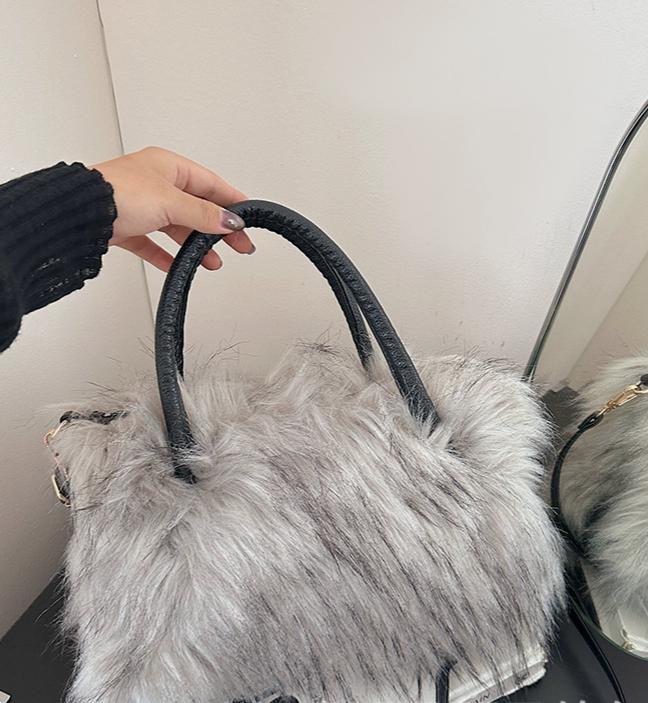 Fluffy Faux Fur Top Handle Bag - Grey