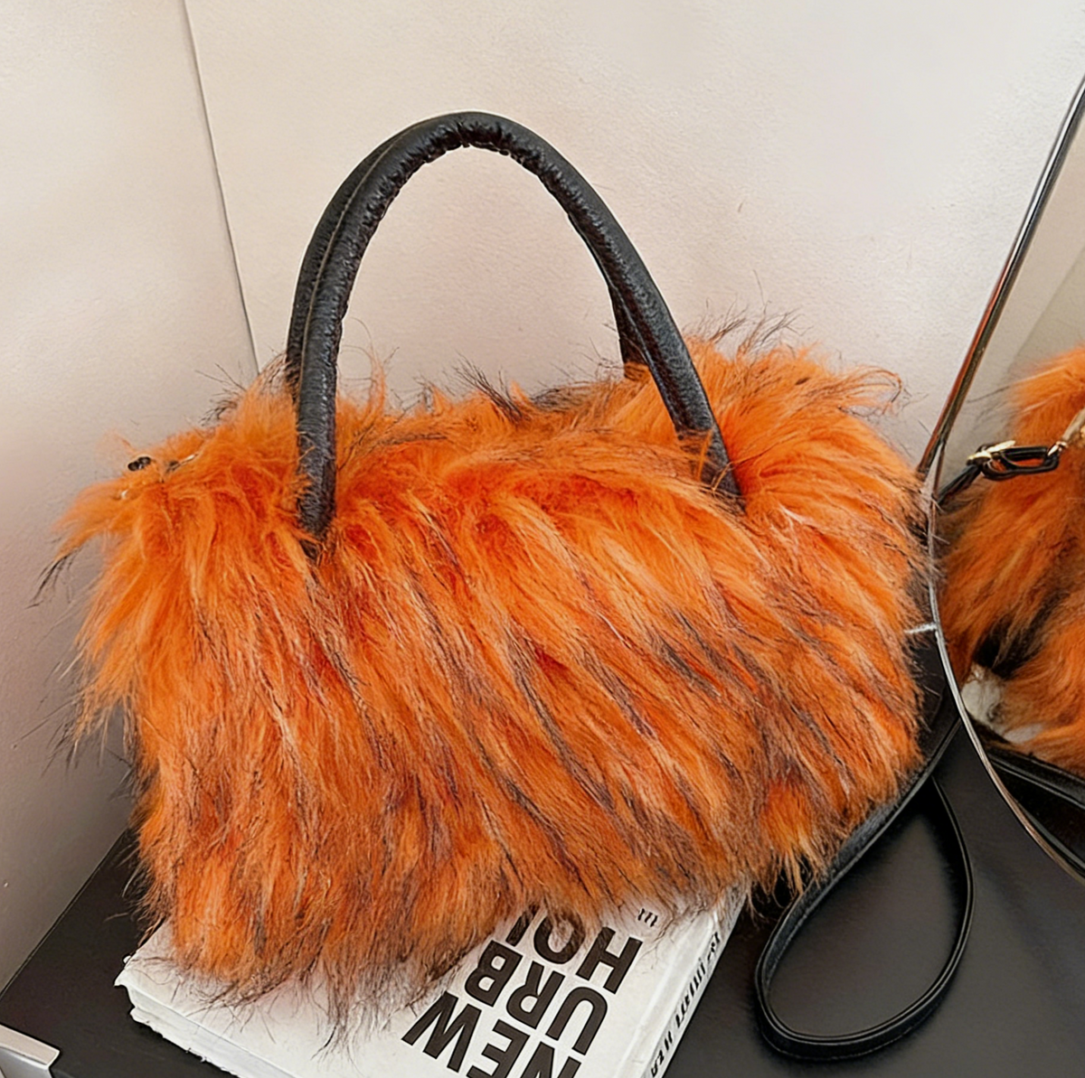 Fluffy Faux Fur Top Handle Bag - Orange