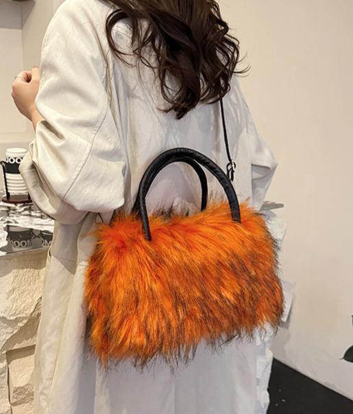 Fluffy Faux Fur Top Handle Bag - Orange - 1