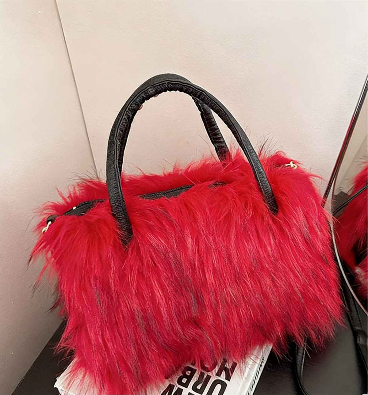 Fluffy Faux Fur Top Handle Bag - Red