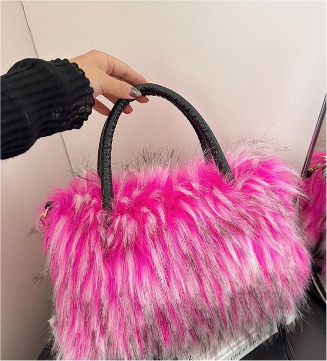 Fluffy Faux Fur Top Handle Bag - Rose_Red