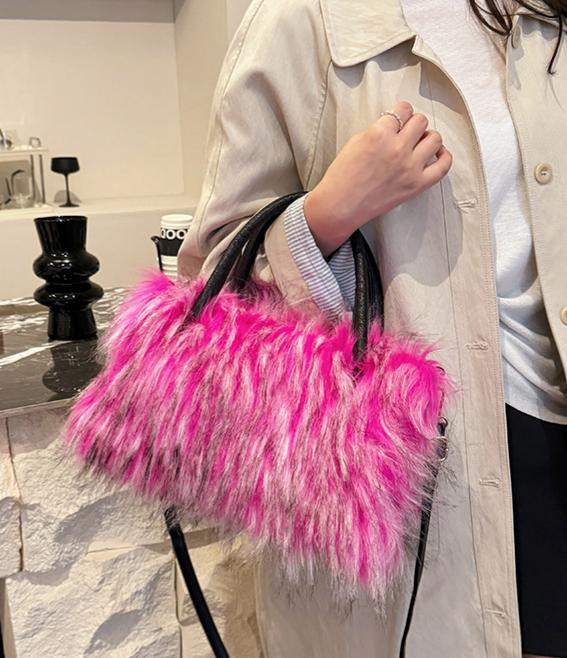 Fluffy Faux Fur Top Handle Bag - Rose_Red - 1