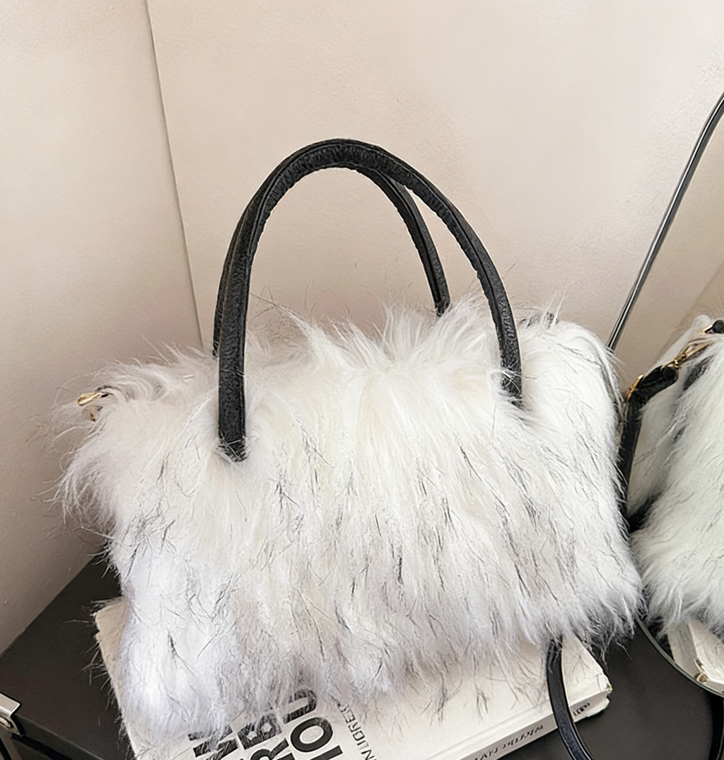 Fluffy Faux Fur Top Handle Bag - White