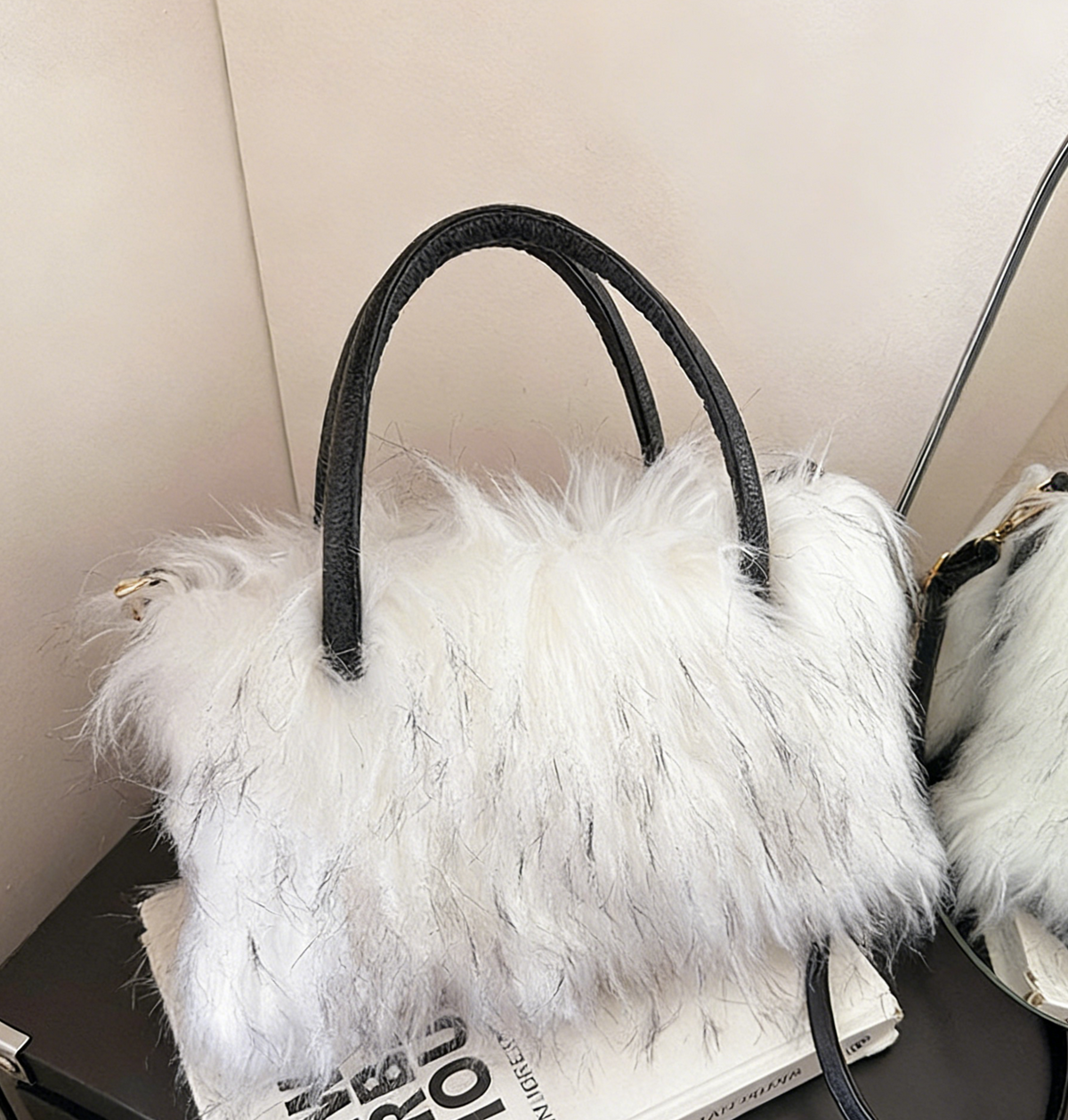Fluffy Faux Fur Top Handle Bag - White