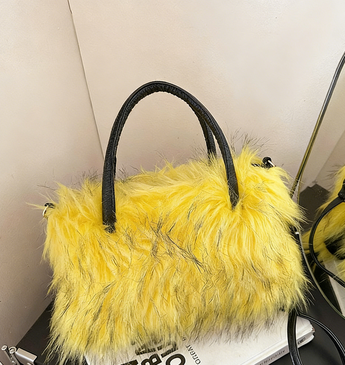 Fluffy Faux Fur Top Handle Bag - Yellow