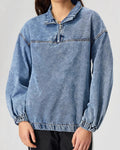 Acid Wash Quarter Zip Denim Sweatshirt - Blue