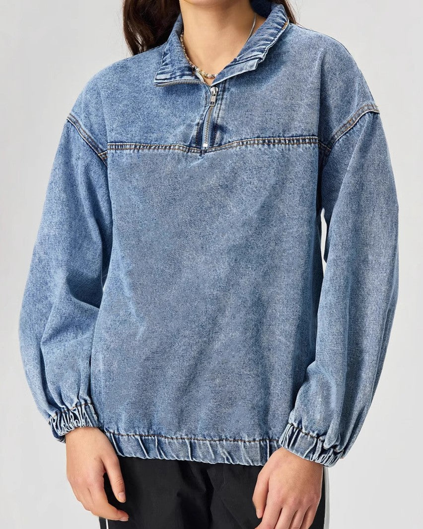 Acid Wash Quarter Zip Denim Sweatshirt - Blue