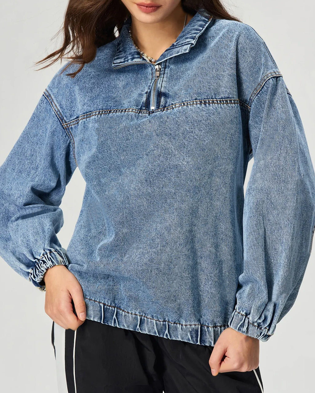 Acid Wash Quarter Zip Denim Sweatshirt - Blue - 1