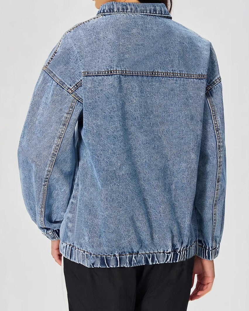 Acid Wash Quarter Zip Denim Sweatshirt - Blue - 2