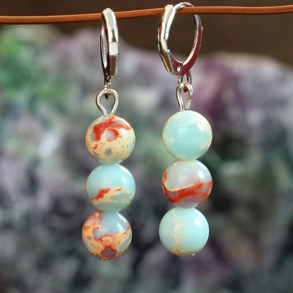 Triple Stone Bead Huggie Drop Earrings - Blue