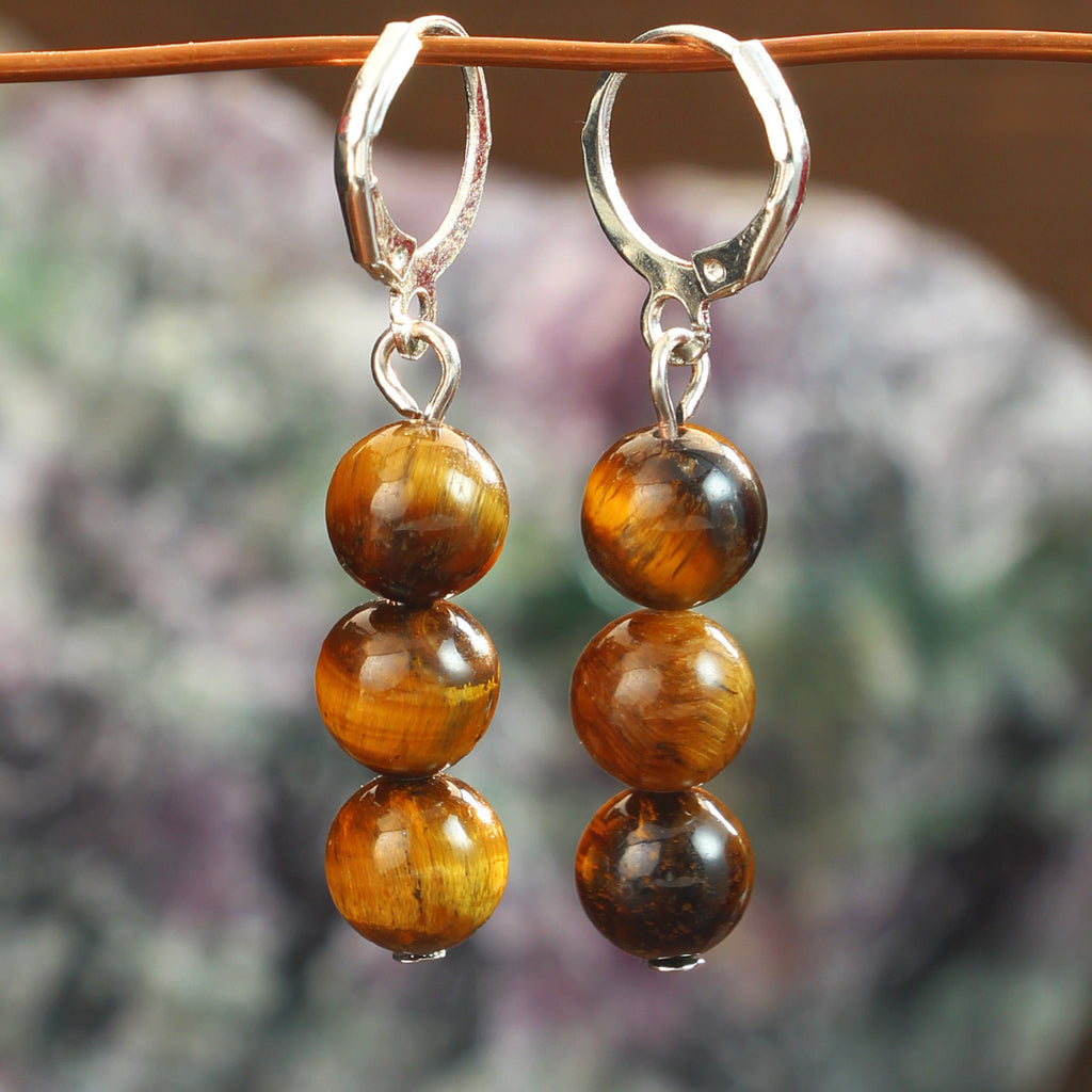 Triple Stone Bead Huggie Drop Earrings - Brown