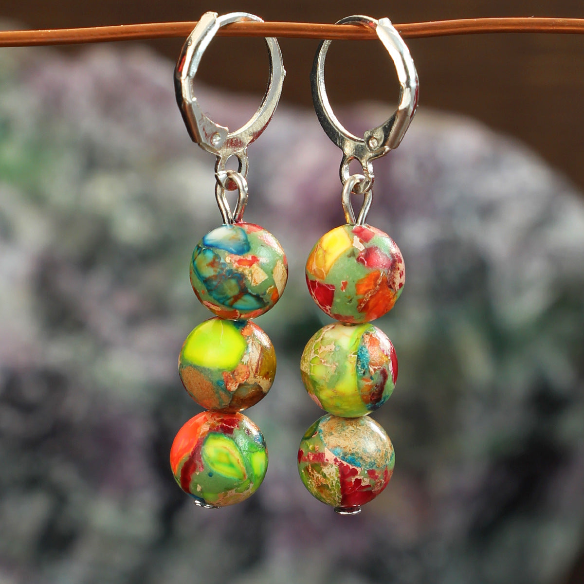 Triple Stone Bead Huggie Drop Earrings - Greenred