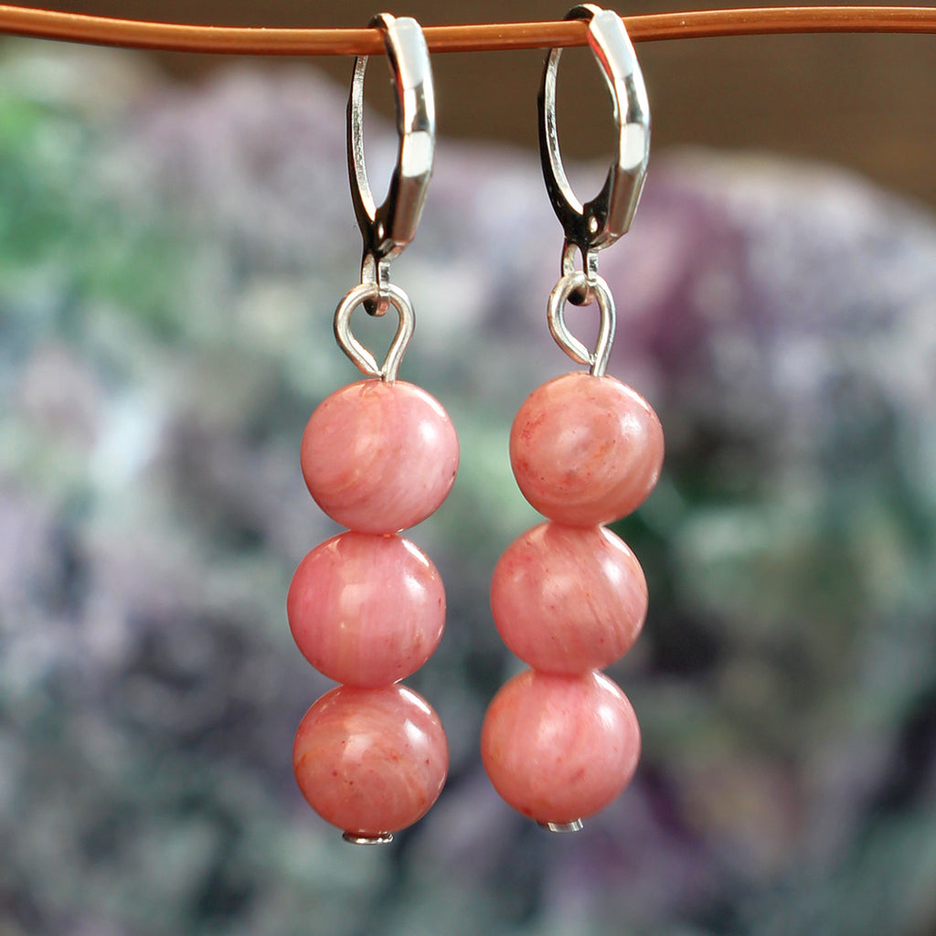 Triple Stone Bead Huggie Drop Earrings - Pink