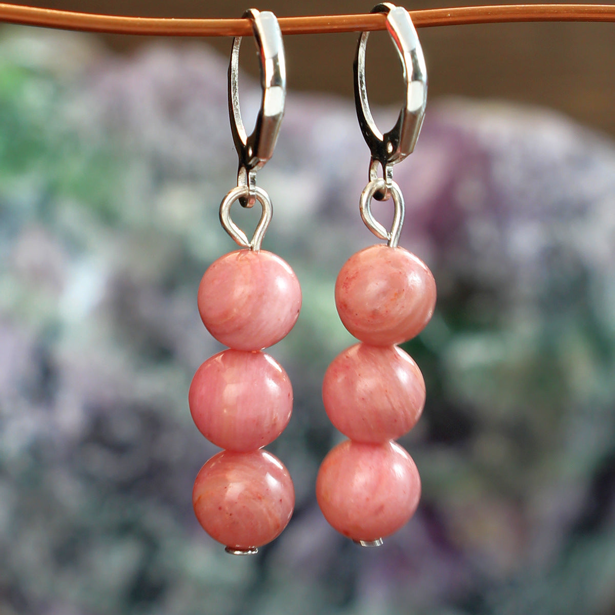 Triple Stone Bead Huggie Drop Earrings - Pink