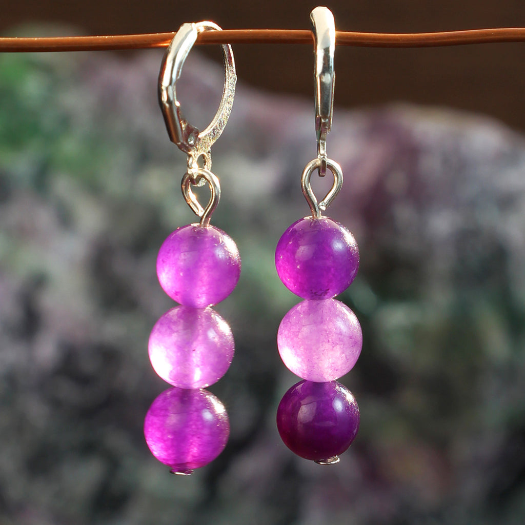 Triple Stone Bead Huggie Drop Earrings - Purple