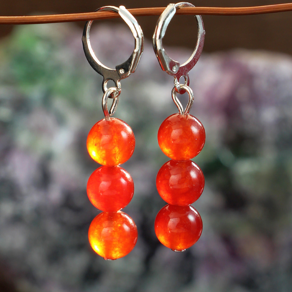 Triple Stone Bead Huggie Drop Earrings - Red