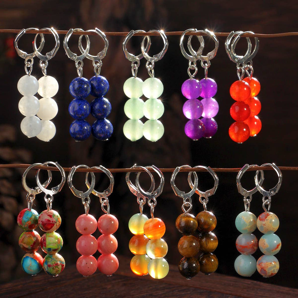 Triple Stone Bead Huggie Drop Earrings