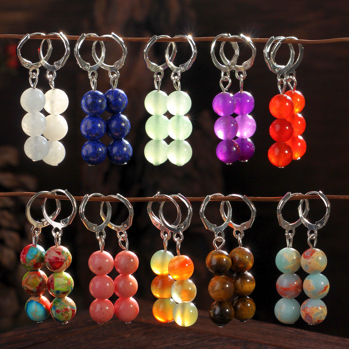 Triple Stone Bead Huggie Drop Earrings - view 1