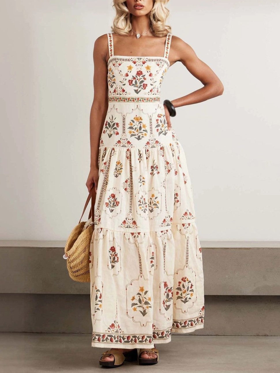 Tiered Floral Sleeveless Cottagecore Maxi Dress - Apricot