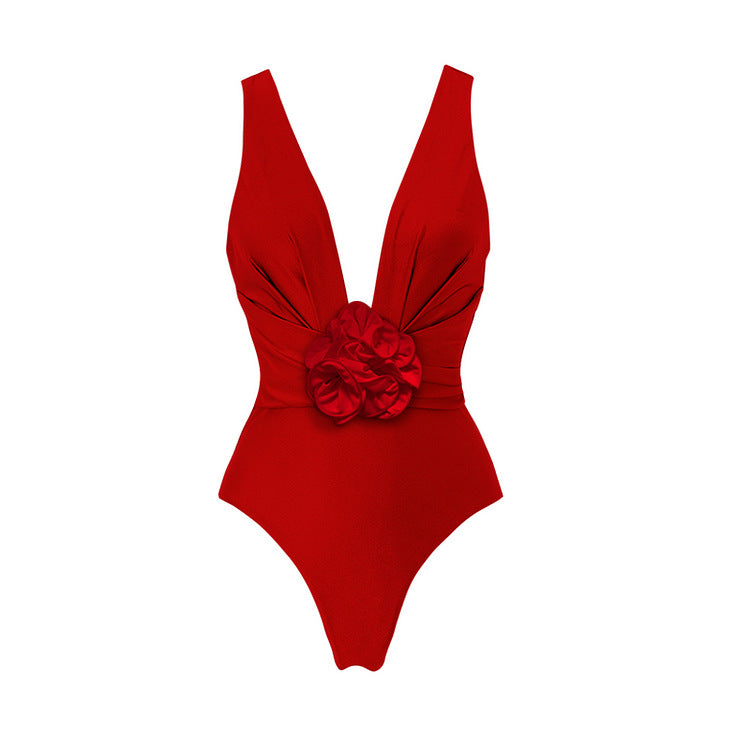 Plunge Rosette Swimsuit and Ruffle Skirt - Red - 1