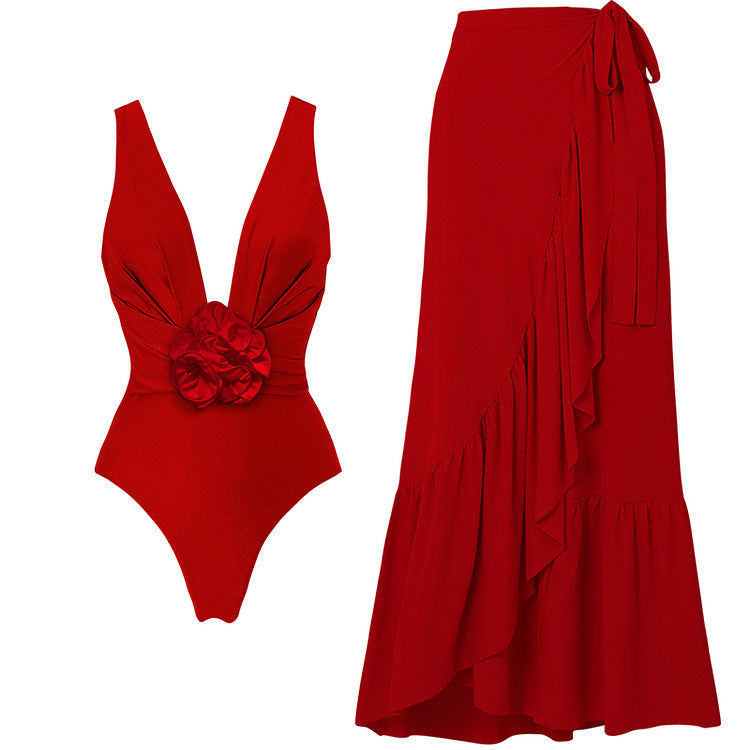Plunge Rosette Swimsuit and Ruffle Skirt - Red Set