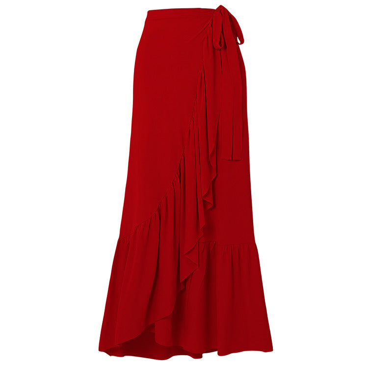 Plunge Rosette Swimsuit and Ruffle Skirt - Red Skirt