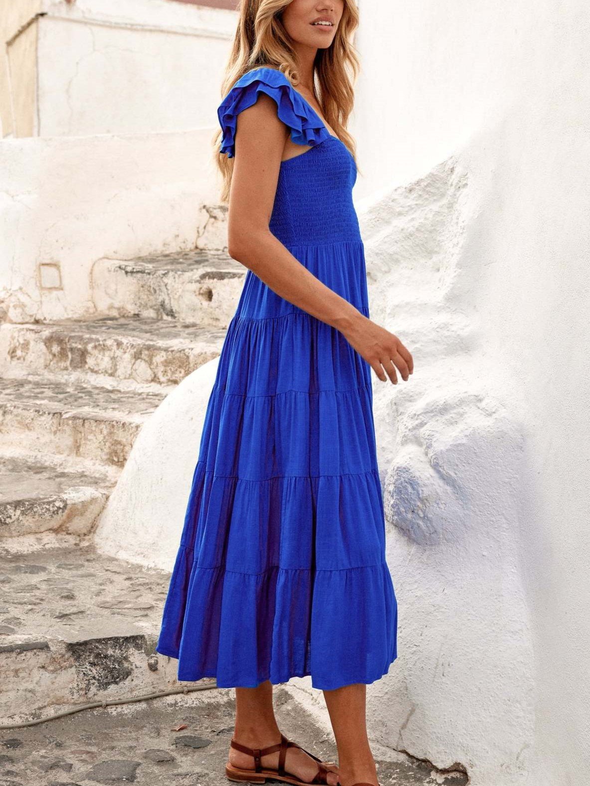 Flutter Sleeve Smocked Tiered Maxi Dress - Blue - 2