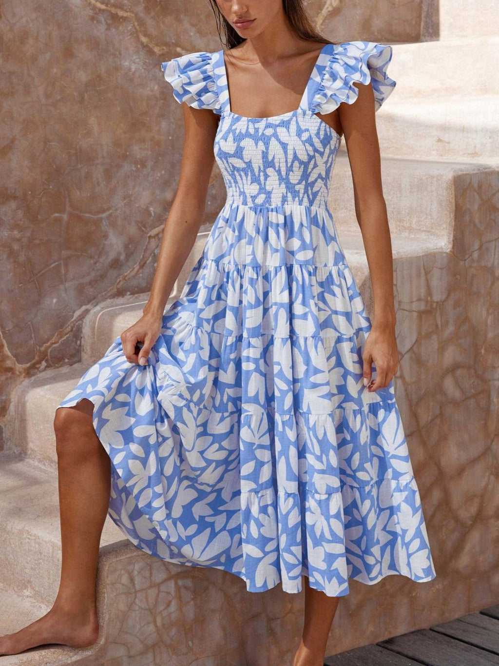 Flutter Sleeve Smocked Tiered Maxi Dress - BlueWhite