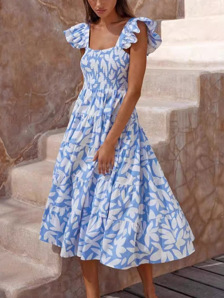 Flutter Sleeve Smocked Tiered Maxi Dress - BlueWhite - 2
