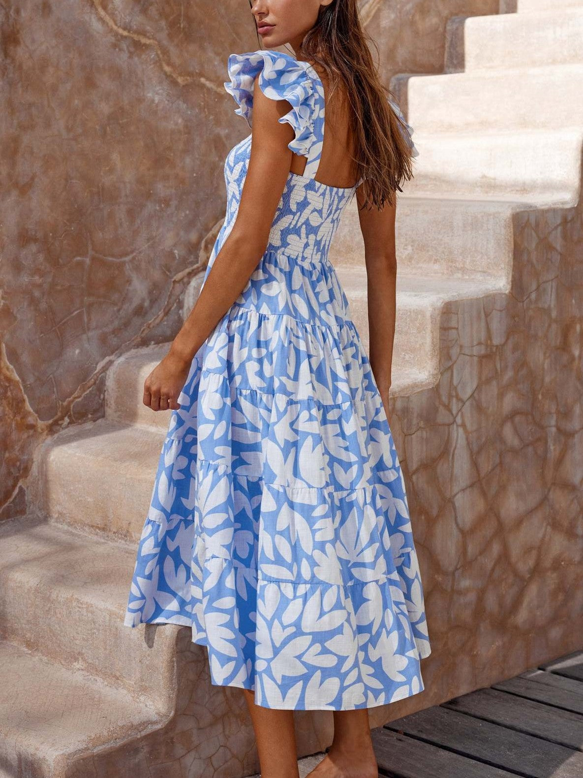 Flutter Sleeve Smocked Tiered Maxi Dress - BlueWhite - 3