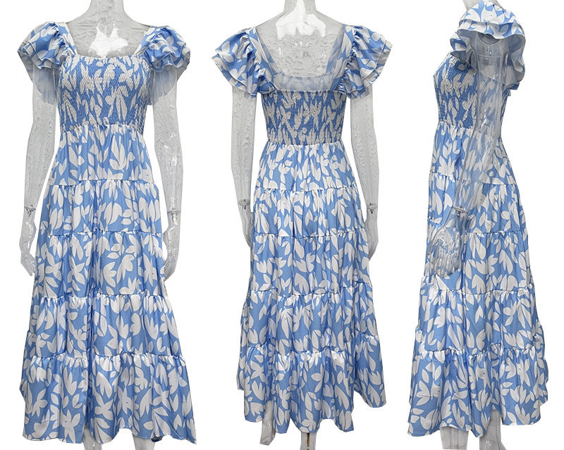 Flutter Sleeve Smocked Tiered Maxi Dress - BlueWhite - 4